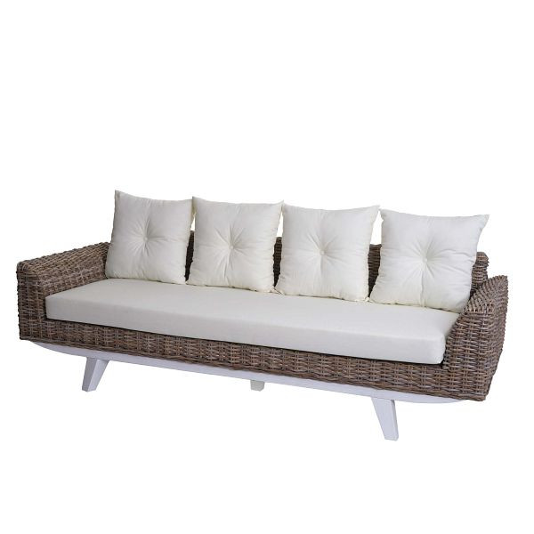 Mendler Sofa HWC-M32, 4-Sitzer Couch Rattansofa Loungesofa mit Kissen, 209cm Kubu Rattan natur Stoff/Textil Polster creme, 104090