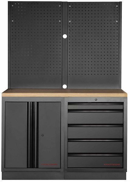 Kraftwerk MOBILIO BLACK EDITION 2er Unterschrank-Kombi, 5 Schubladen, 1 Schrank, Vierkant-Lochwand, Arbeitsplatte Buche Multiplex, 3964K-BLK-019