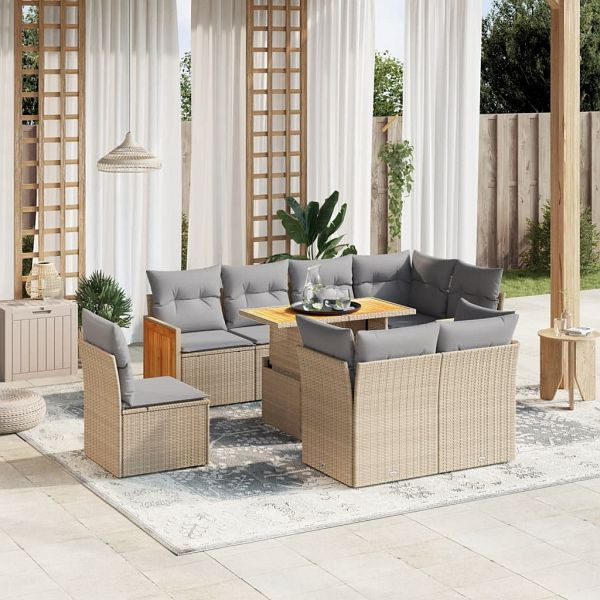 vidaXL 9-teilig Garten-Sofagarnitur mit Kissen Beige Poly Rattan, 3274055