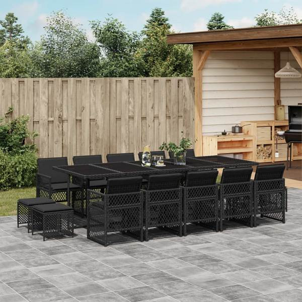 vidaXL 15-tlg. Garten-Essgruppe mit Kissen Schwarz Poly Rattan, UV-beständig, 3210811