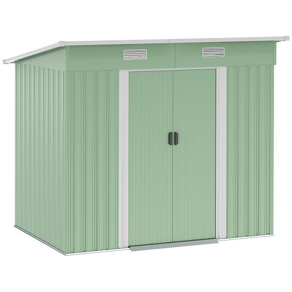 Outsunny Gerätehaus Metall 2,3 m² 207 x 130 x 182 cm Geräteschuppen mit Pultdach Fenster Bodenrahmen Grün, 845-496YG