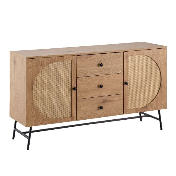 Wohnling Sideboard 140x80x40cm Kommode Eiche-Dekor mit Rattan Geflecht, Standschrank mit 2 Türen und 3 Schubladen, Anrichte Wohnzimmer, WL6.894