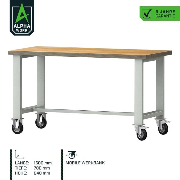 Alpha Work Mobile Werkbank Basic, 1500 x 840 x 700mm, Buchen-Multiplexplatte, Lichtgrau, 2 Lenkrollen, 2 Bockrollen, 07273