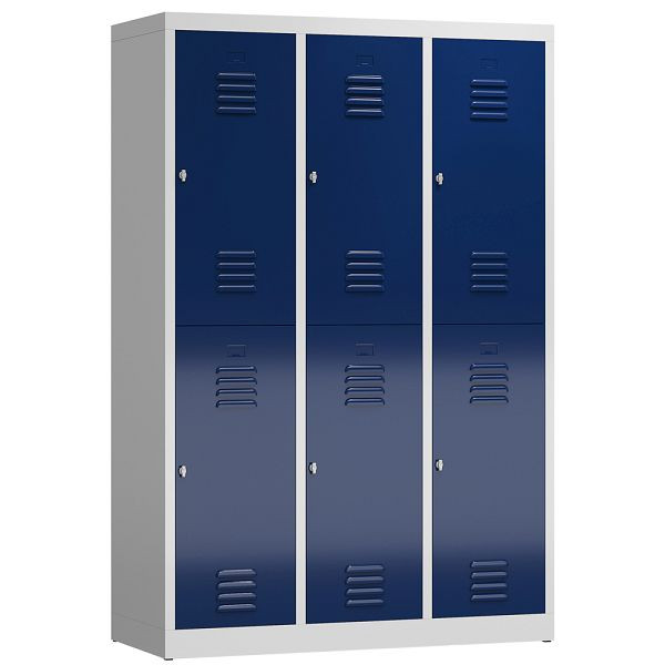 Lüllmann ClassiX Garderobenschrank, 3 Abteile doppelstöckig, 1800 x 1185 x 500 mm, lichtgrau/enzianblau, X-523231