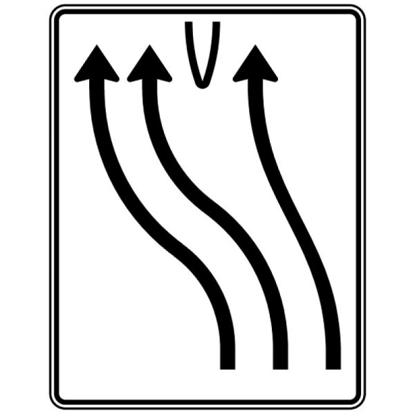 Stein HGS Überleitungstafel, 3-streifig nach links, 2 Fahrstreifen übergeleitet, RA1/Flachform 2mm, ohne Entfernungsangabe, 1600x1250mm, 501-15-111
