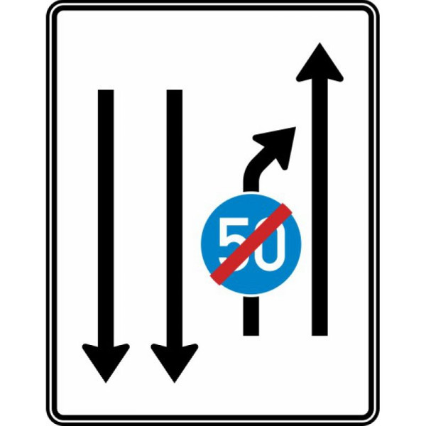 Stein HGS Einengungstafel mit Gegenverkehr, Einzug rechts, 1 Fahrstreifen in Gegenrichtung, Ende der Mindestgeschwindigkeit Nr. 536-21, RA1/Alform, ohne Entfernungsangabe, 1600x1250mm, 536-21-112