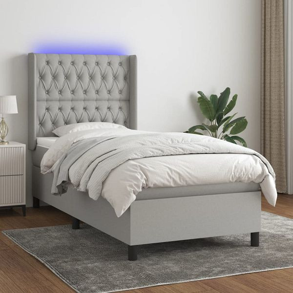 vidaXL Boxspringbett mit Matratze & LED Hellgrau 90x190 cm Stoff, 3138517