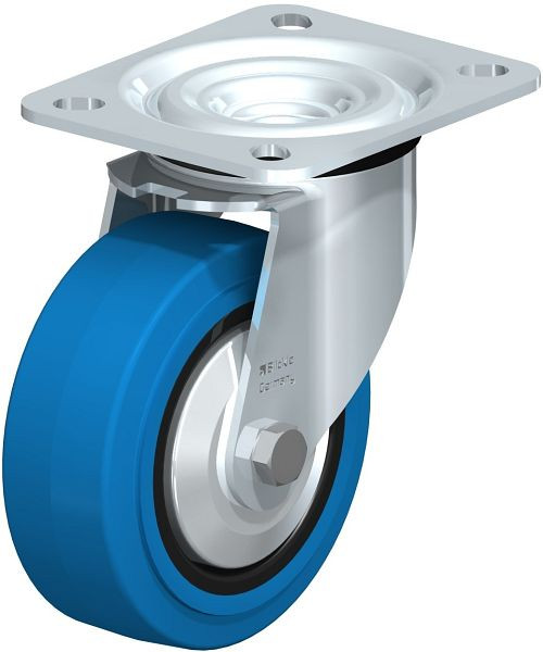 Blickle L-POEV 100R-SB-FA Stahlblech-Lenkrolle, mittelschwere Ausführung, mit Anschraubplatte, Elastik-Vollgummi, Blau, 665604