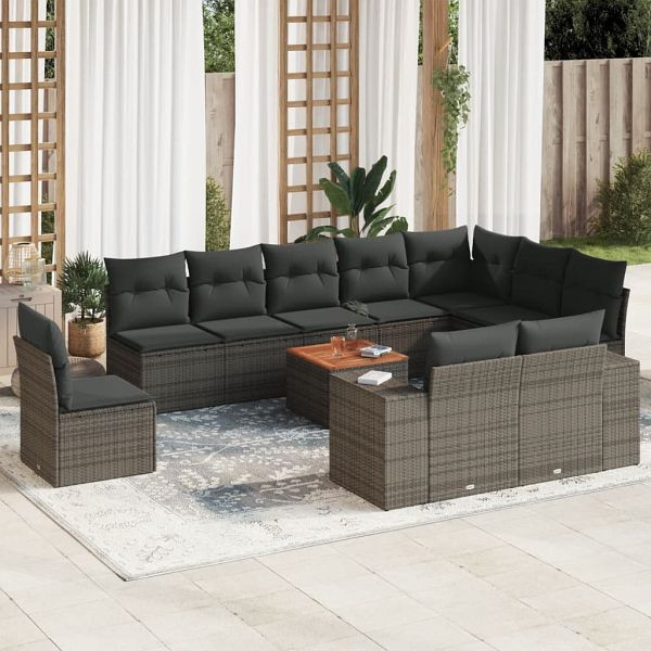 vidaXL 11-teilig Garten-Sofagarnitur mit Kissen Grau Poly Rattan, 3225500