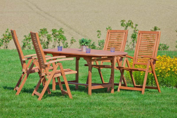 Merxx Cordoba Set 5-teilig, 4 Cordoba Klappsessel, Rückenlehne 5-fach verstellbar, 1 Ausziehtisch oval, 120 (170) x 100 cm, FSC Eukalyptusholz, 50053-011