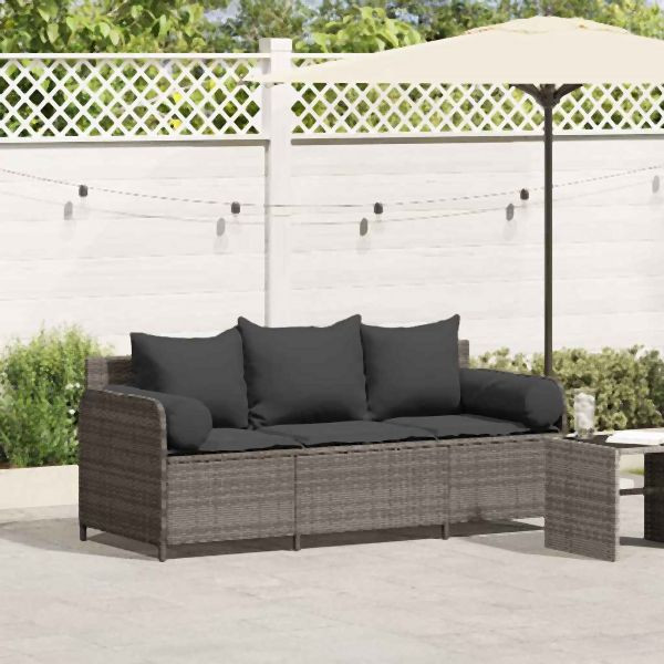 vidaXL Gartensofa mit Kissen 3-Sitzer Grau Poly Rattan, 4104174
