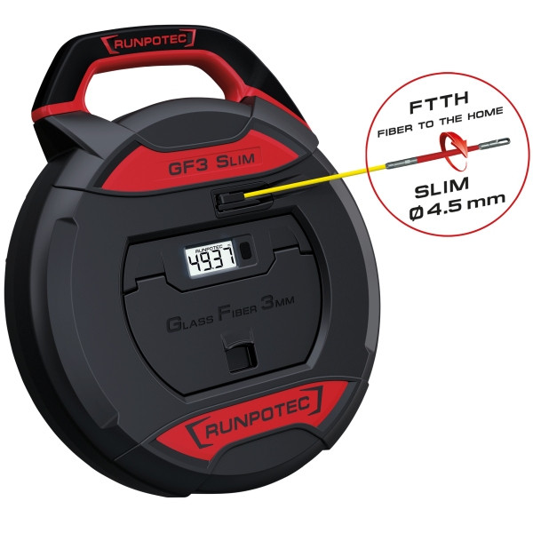 Runpotec GF3 SLIM Kabeleinziehwerkzeug inkl. digitalem Meterzähler, 30 m, Führungspitze mit Frontgewinde RTG Ø 3 mm, Gesamtbruchlast 100 kg, 10208