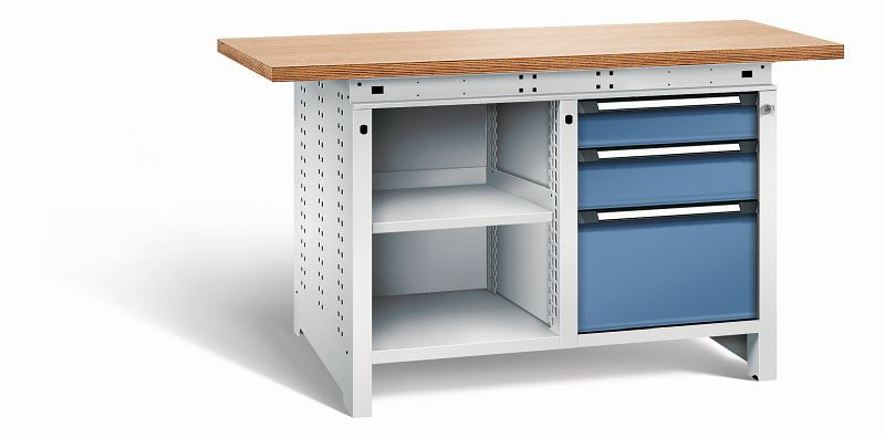 Otto Kind Werkbank Serie function Typ 212, Multiplexplatte, überstehend, 2x Unterbau, 1x Zentralverschluss, Gehäuse RAL 7035, Front RAL 5023, 072342264