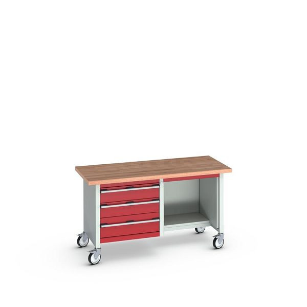 bott cubio Kastenwerkbank mobil 3 Schubladen, Rotbuche-Arbeitsplatte, BxTxH: 1500x750x840mm, RAL 7035/3004, Purpurrot, 41002116.24V