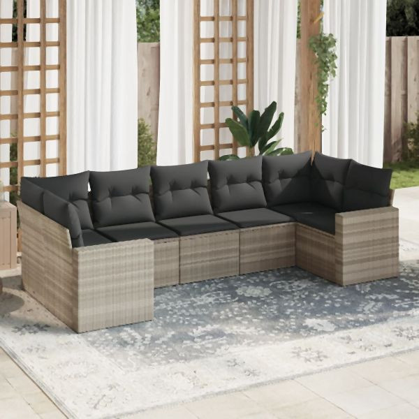 vidaXL 7-tlg. Garten-Sofagarnitur mit Kissen Hellgrau Poly Rattan, 3251729