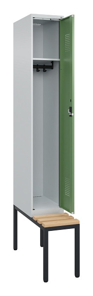 C+P Spind Evolo PLUS, 1 Abteile, 2120x300x815mm, 7035/6011, Haken 3, Zylinderschloss, Sitzfläche Buche-Hartholz, Sitzbank, 0490507-10 S10037