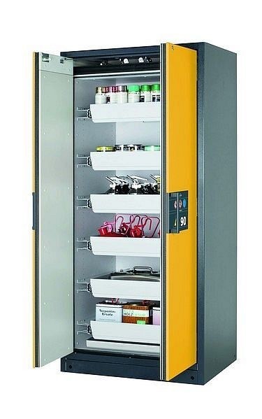 asecos Sicherheitsschrank Q-PEGASUS-90, Q90.195.090.WDAC in sicherheitsgelb RAL 1004 mit 6x Auszugswanne Standard (Stahlblech), 30042-040-30055