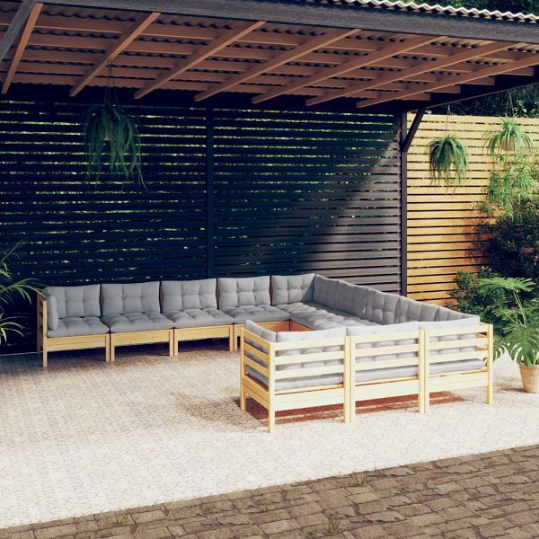 vidaXL 11-teilig Garten-Lounge-Set mit Grauen Kissen Kiefernholz, 3097018