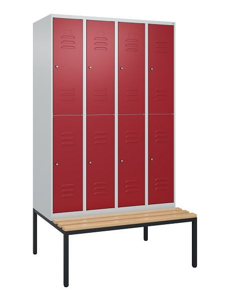C+P Doppelstöckiger Spind Classic PLUS, 4 Abteile, 2120x1200x815mm, 7035/3003, Zylinderschlösser, Buche-Sitzleisten, Sitzbank, 0803507-40 S10091
