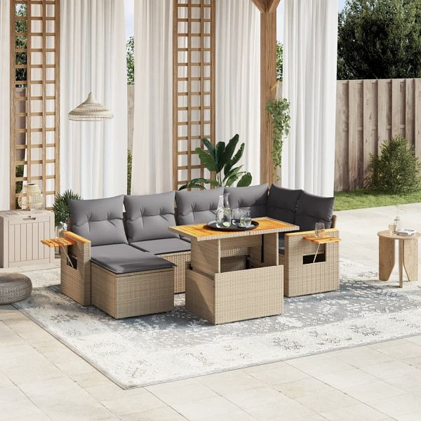 vidaXL 7-teilig Garten-Sofagarnitur mit Kissen Beige Poly Rattan, 3273621