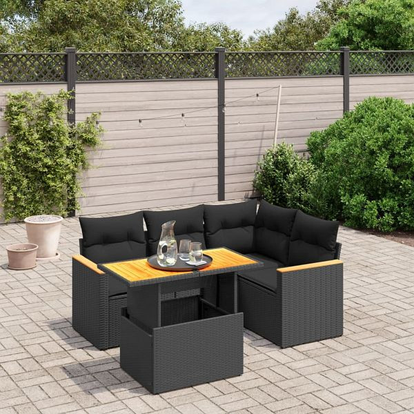 vidaXL 5-teilig Garten-Sofagarnitur mit Kissen Schwarz Poly Rattan, 3273057
