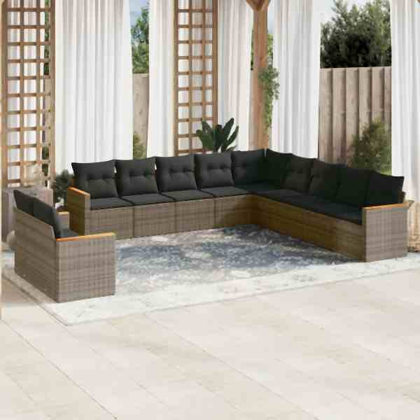 vidaXL 11-tlg. Garten-Sofagarnitur mit Kissen Grau Poly Rattan, UV-beständig, 3258532