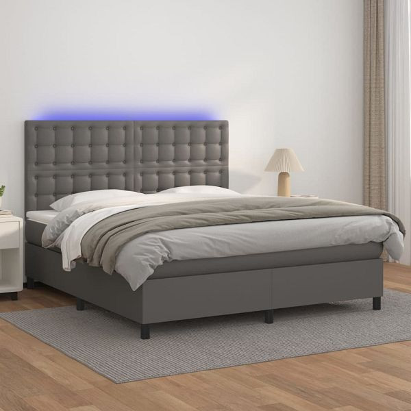 vidaXL Boxspringbett mit Matratze & LED Grau 160x200 cm Kunstleder, 3135955