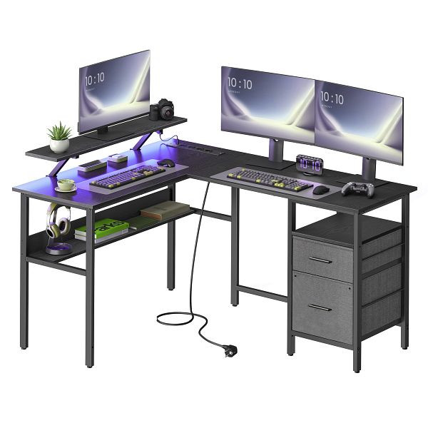 VASAGLE L-förmiger Schreibtisch mit Steckdosenleiste, mit Bildschirmvergrößerung, 2 Schubladen, 2 USB-Anschlüsse, für Büro, schwarzes Holz, LWD095B01