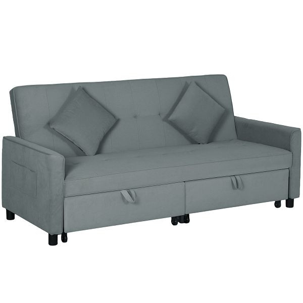 HOMCOM Sofabett, verstellbare 3-Sitzer-Couch mit Bettfunktion, Schlafsofa mit ausziehbarem Bett, Kissen, Grau, 83B-156V00GY