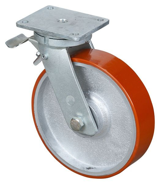 BS Rollen Schwerlastrolle mit Rad-/Feststeller, Breite 75 mm, Ø300 mm, bis 2000 kg, Guss-Polyurethan 95 Shore A, Körper Guss, Kugellager, RR120.C10.300