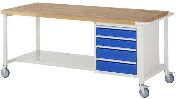 RAU Fahrbare Werkbank 8000 - Modell 8162, B2000 x T900 x H880-1080 mm, Systemunterbau B1995 x T850 mm, 4 Schubladen, 05-8162A6-209B4H.11
