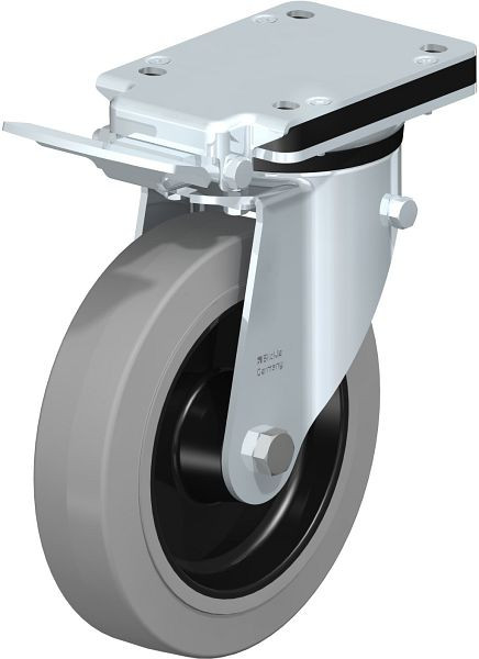 Blickle LK-POEV 200R-IS-SG Stahlblech-Lenkrolle, mittelschwere Ausführung, mit Anschraubplatte & Feststeller, Elastik-Vollgummi, Grau, 655787