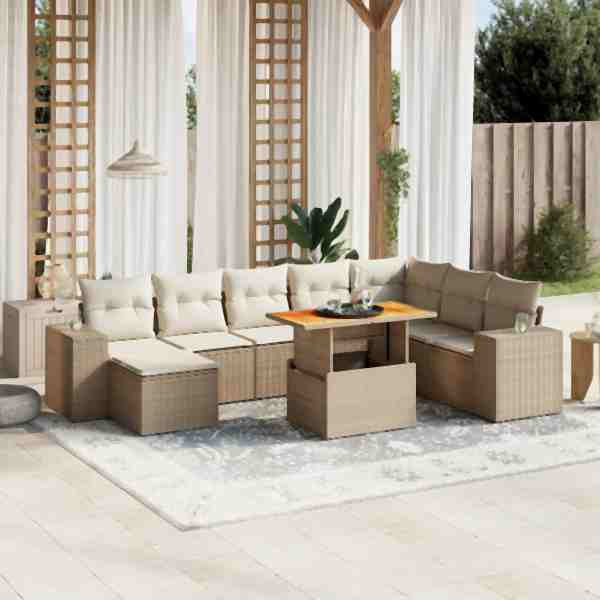 vidaXL 9-tlg. Garten-Sofagarnitur mit Kissen Beige Poly Rattan, UV-beständig, 3272773