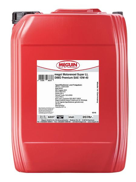 Meguin megol Motorenöl Super LL DIMO Premium SAE 10W-40, Kanister Kunststoff, VE: 20 Liter, 6337