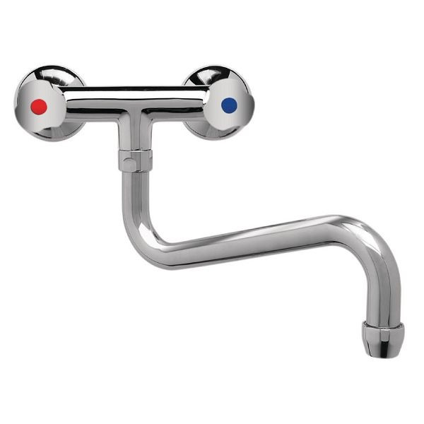 Gastro M professioneller Duoblock Mischhahn zur Wandmontage mit Drehknöpfen und tiefem Auslauf 25cm, DY390
