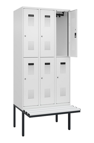 C+P Doppelstock-Spind Evolo PLUS, Bank, 6 Fächer, 2120x900x815mm, 9016/9016, Zylinderschloss, Sitzfläche Kunststoff, 0493407-30 S10134