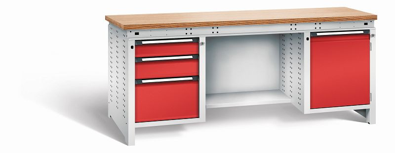 Otto Kind Werkbank Serie function Typ 304, Multiplexplatte 40 mm, bündig, 2x Unterbau + mittleres Feld, Gehäuse RAL 7035, Front RAL 3000, 072359134