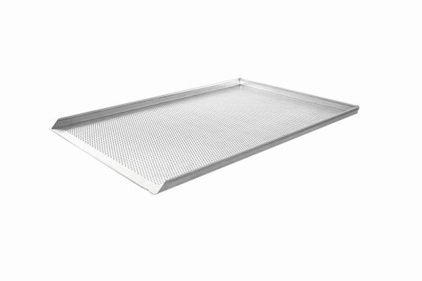 Schneider Backblech Aluminium 400 x 600 mm kurze Seite offen, 3 Seiten 90 ° 20 mm hoch, gelocht 3mm, 381101