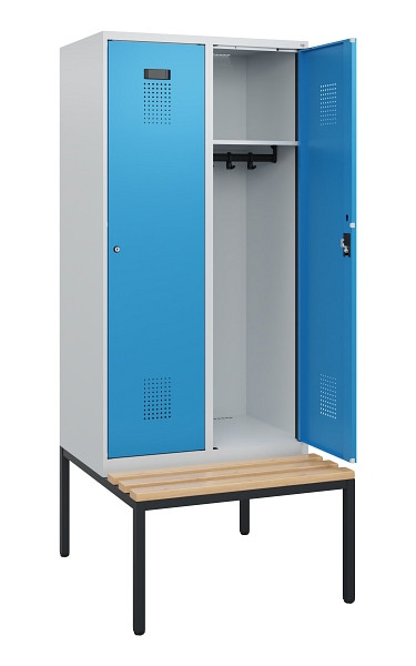 C+P Spind Evolo PLUS, 2 Abteile, 1950x800x815mm, 7035/5012, Zylinderschloss, Sitzfläche Buche-Hartholz, Sitzbank, 0490505-22 S10031