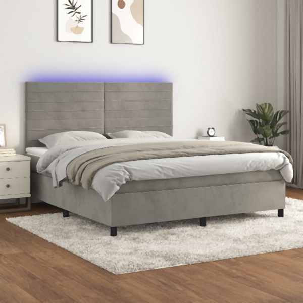 vidaXL Boxspringbett mit Matratze & LED Hellgrau 180x200 cm Samt, 3136197