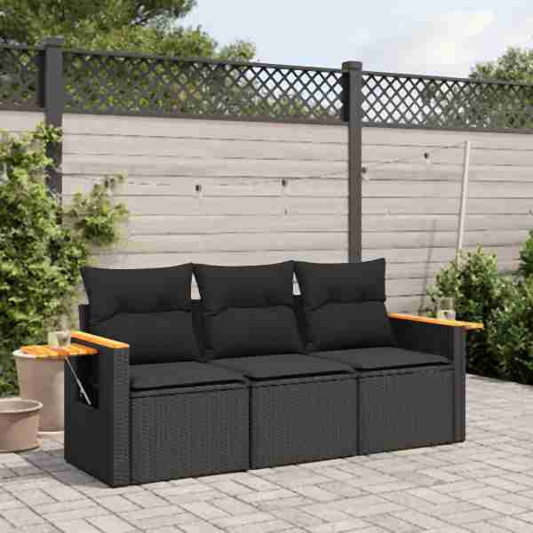 vidaXL 3-tlg. Garten-Sofagarnitur mit Kissen Schwarz Poly Rattan, UV-beständig, 3226594