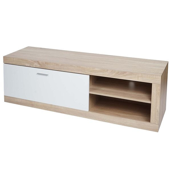 Mendler TV-Rack HWC-L33, TV-Board Fernsehtisch Lowboard TV-Schrank Kommode, Holz 43x140x41cm Staufach, Eiche-Optik, weiß, 98489