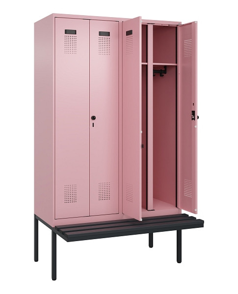 C+P Schwarz-Weiß-Spind Evolo PLUS, Bank, 4 Abteile, 2120x1200x815mm, 3015/3015, Drehriegel, Material Sitzfläche Kunststoff, 0490427-40 S10078