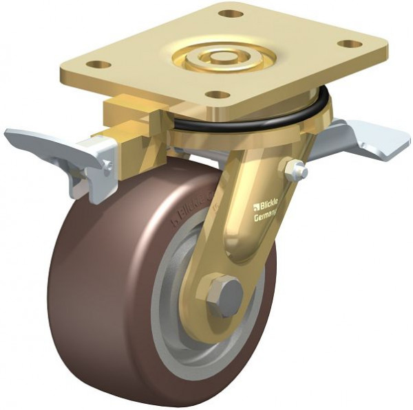 Blickle LS-GB 128K-ST-RI4 Stahlgeschweißte Schwerlast-Lenkrolle, schwere Drehkranz-Ausführung mit Feststeller, Blickle Besthane®, Braun, 852580