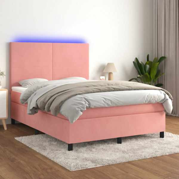 vidaXL Boxspringbett mit Matratze & LED Rosa 140x200 cm Samt, 3136010