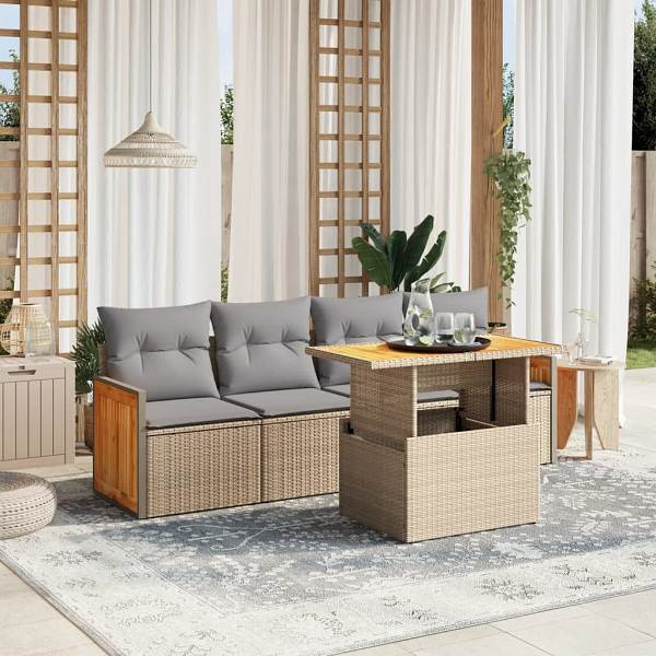 vidaXL 5-tlg. Garten-Sofagarnitur mit Kissen Beige Poly Rattan, UV-beständig, 3273838