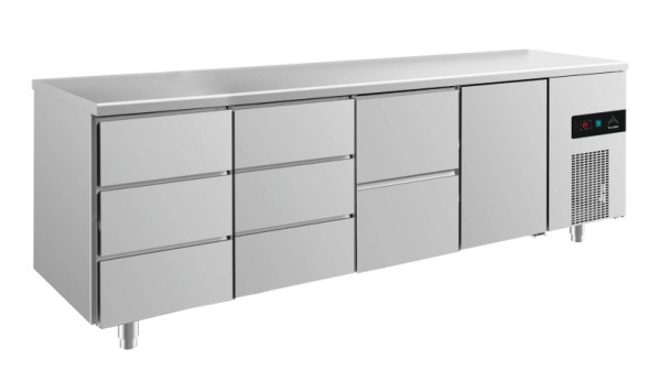 A&S Polarny Kühltisch -2 bis +8°C mit 1x Tür rechts, 1x zwei Schubladen mittig-rechts und 2x drei Schubladen, 2330 x 700 x 850 mm, KT4DDZT
