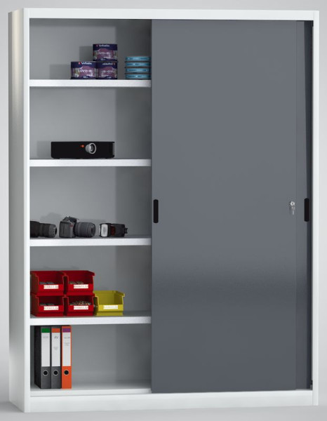 KLW Schiebetürenschrank, Höhe: 2000 mm, Breite: 1500 mm, Tiefe: 525 mm, mit Mitteltrennwand, mit 2x4 verstellbaren Fachböden, 7SN-SL2000TB-2015MRB