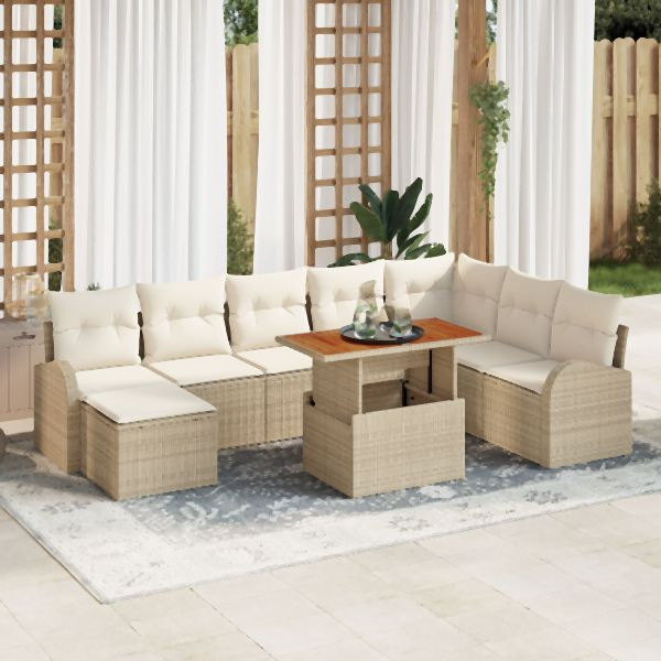 vidaXL 9-teiliges Garten-Ess-Set mit Kissen Beige Poly Rattan Akazie, 3349623