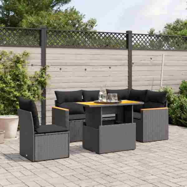 vidaXL 6-tlg. Garten-Sofagarnitur mit Kissen Schwarz Poly Rattan, UV-beständig, 3273078